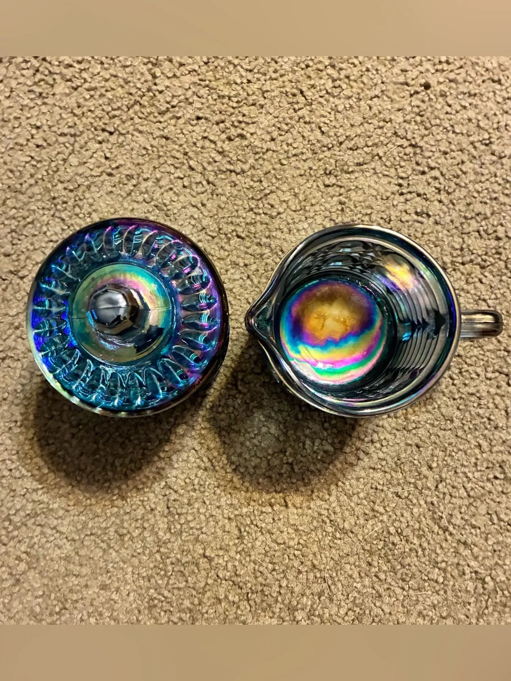 Vintage Iridescent Blue Indiana Carnival Windsor Glass Creamer & Sugar Bowl Set